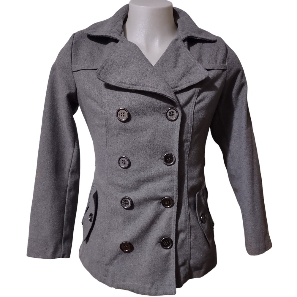 Bongo Pea Coat Women's Size Large Double Breasted Jacket Gray Belted Zip Pockets